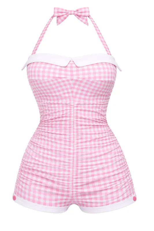 [Pre-Sale] Pink Gingham 1950s Halter Bowknot One-piece Swimsuit made by Retro Stage