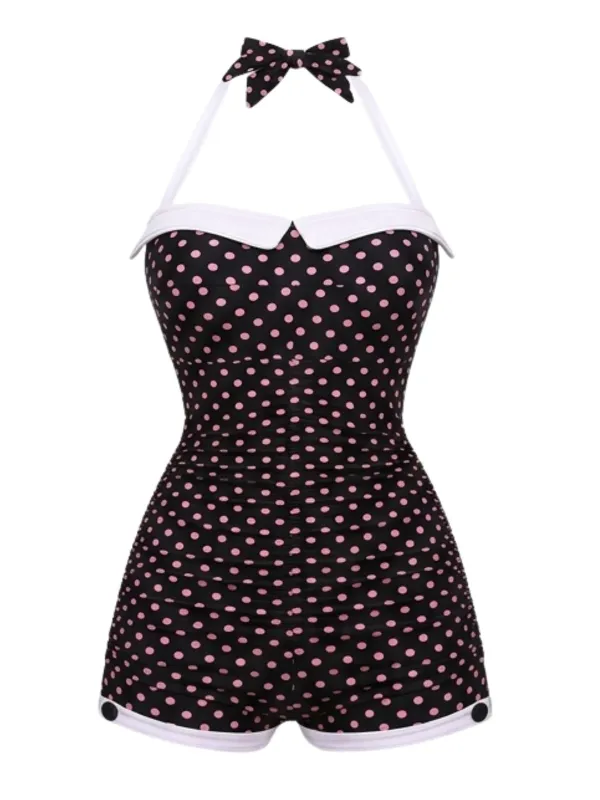 Black 1950s Halter Poka Dot Bowknot One-piece Swimsuit made by Retro Stage