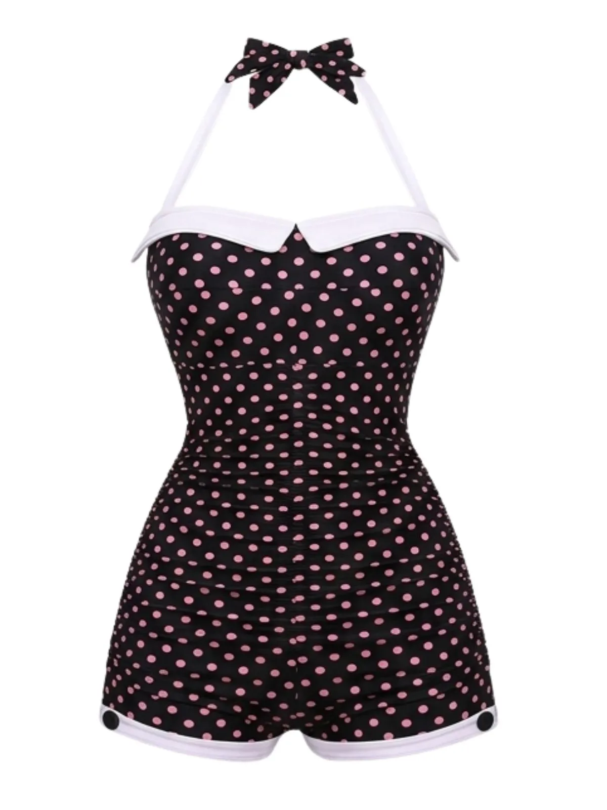 Black 1950s Halter Poka Dot Bowknot One-piece Swimsuit sold by Retro Stage