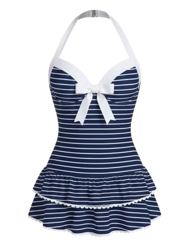 [Pre-Sale] Blue 1940s Halter Stripe Bow One-Piece Swimsuit made by Retro Stage
