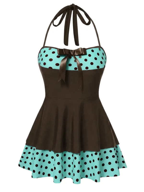 [Pre-Sale] Brown 1940s Polka Dots Patchwork Halter Swimdress made by Retro Stage