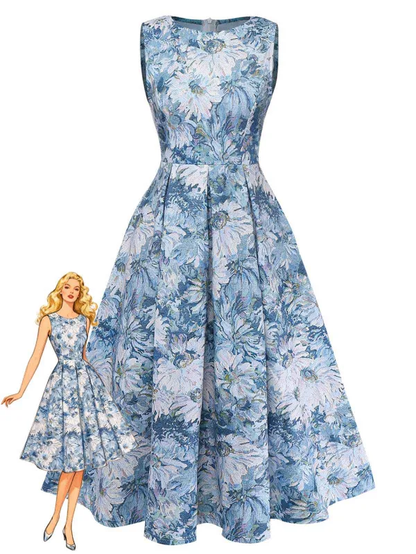 Blue 1950s All-Over Oil Painting Floral Sleeveless Dress made by Retro Stage