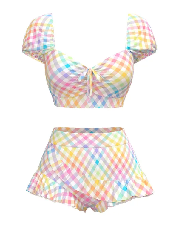 [Pre-Sale] Multicolor 1970s Puff Gingham Plaid Bikini Set made by Retro Stage