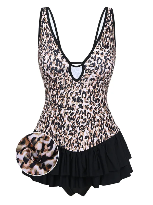[Pre-Sale] Light Brown 1930s Leopard Ruffle One-Piece Swimdress made by Retro Stage