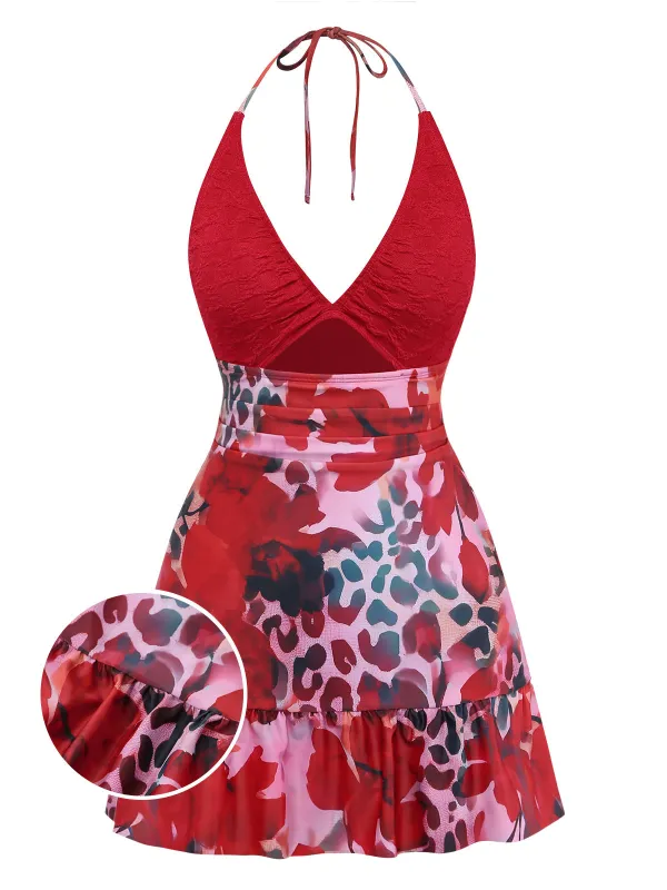 [Pre-Sale] Red 1930s Floral Blurred Leopard Cut-Out Ruffled Swimdress made by Retro Stage