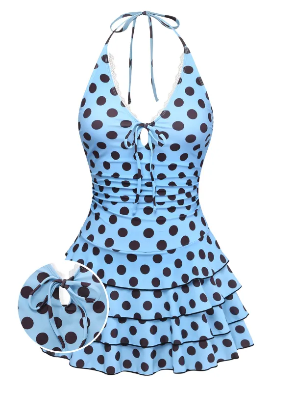 [Pre-Sale] Light Blue 1940s Polka Dot Lace Halter One-Piece Swimsuit made by Retro Stage