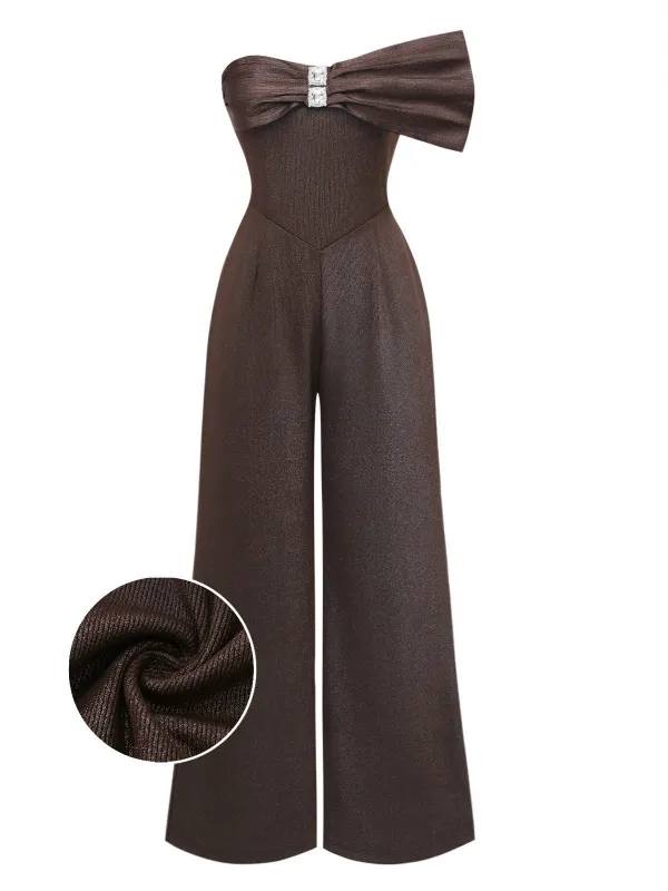 [Pre-Sale] Brown 1980s Bow Strapless Glitter Jumpsuit made by Retro Stage