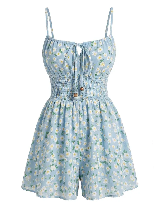 [Pre-Sale] Blue 1950s Daisy Chiffon Smocked Spaghetti Strap Romper made by Retro Stage