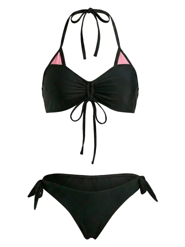 [Pre-Sale] Black 1950s Halter Cat Ear Drawstring Ruched Bikini Set made by Retro Stage