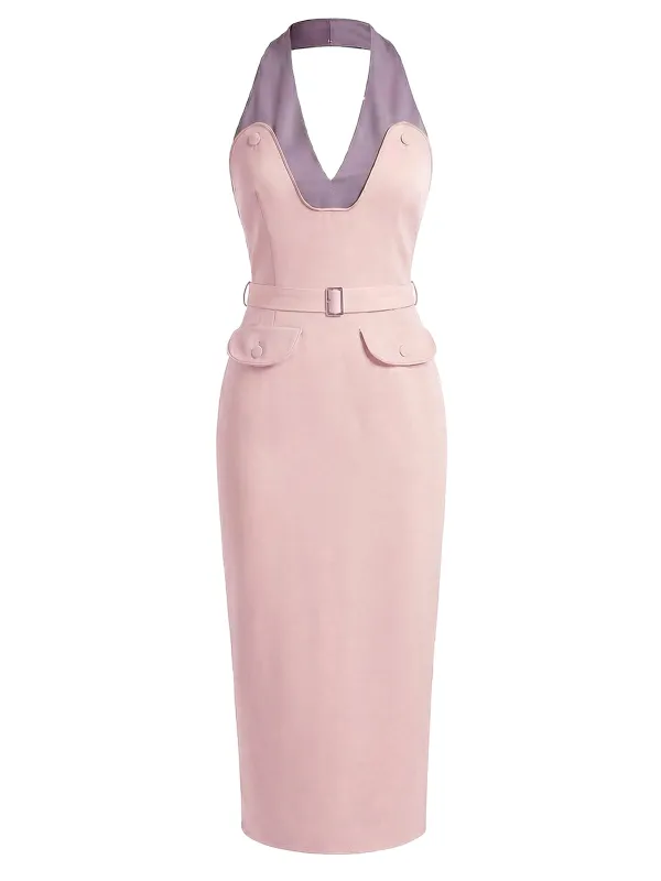 [Pre-Sale] Pale Pink 1970s Color Block Vintage Halter Dress made by Retro Stage