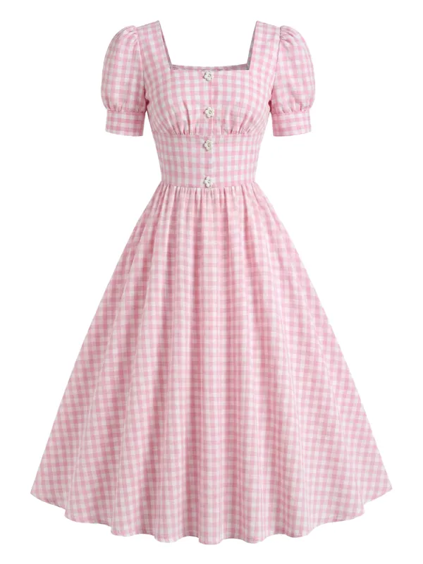 [Pre-Sale] Pink 1950s Gingham Floral Button Pure Cotton Dress made by Retro Stage