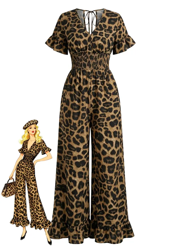 Brown 1930s Leopard Ruffled V-Neck Empire Waist Jumpsuit made by Retro Stage