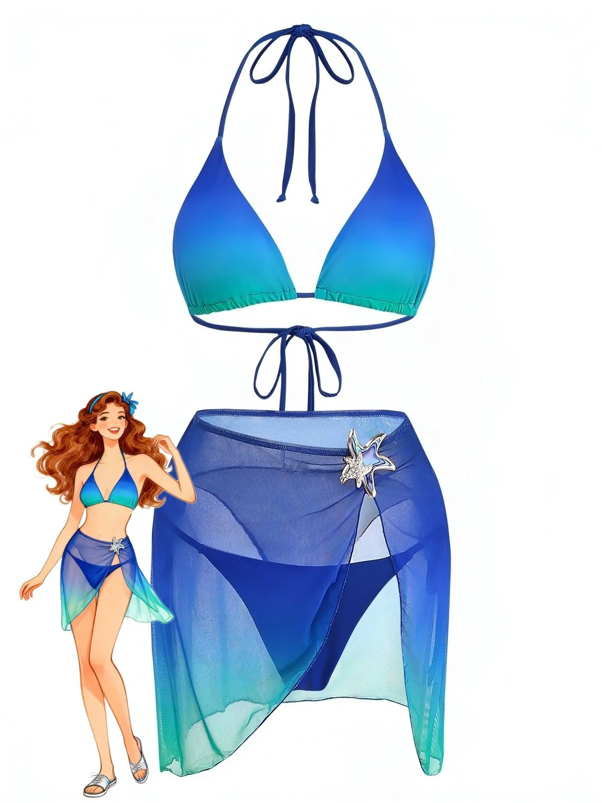 3PCS Dark Blue 2000s Gradient Triangle Bikini Set & Cover-Up sold by Retro Stage