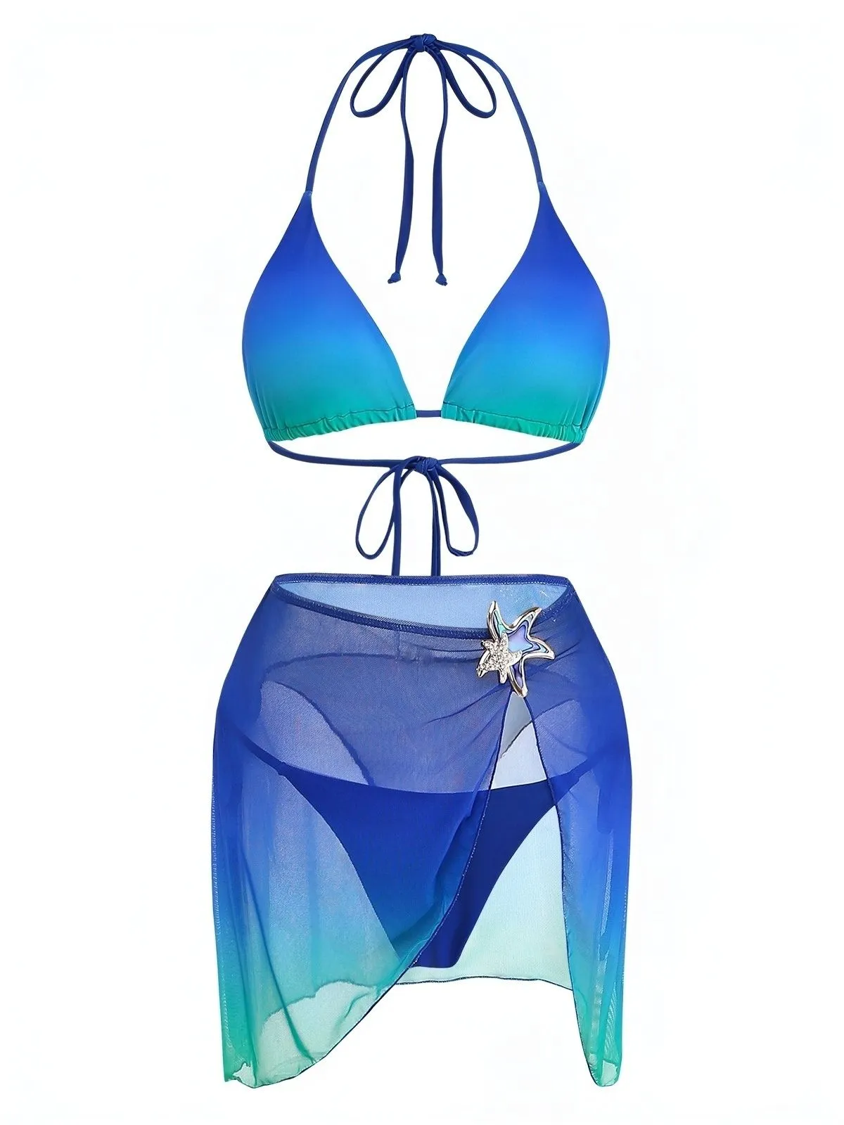 3PCS Dark Blue 2000s Gradient Triangle Bikini Set & Cover-Up sold by Retro Stage product image thumbnail 2