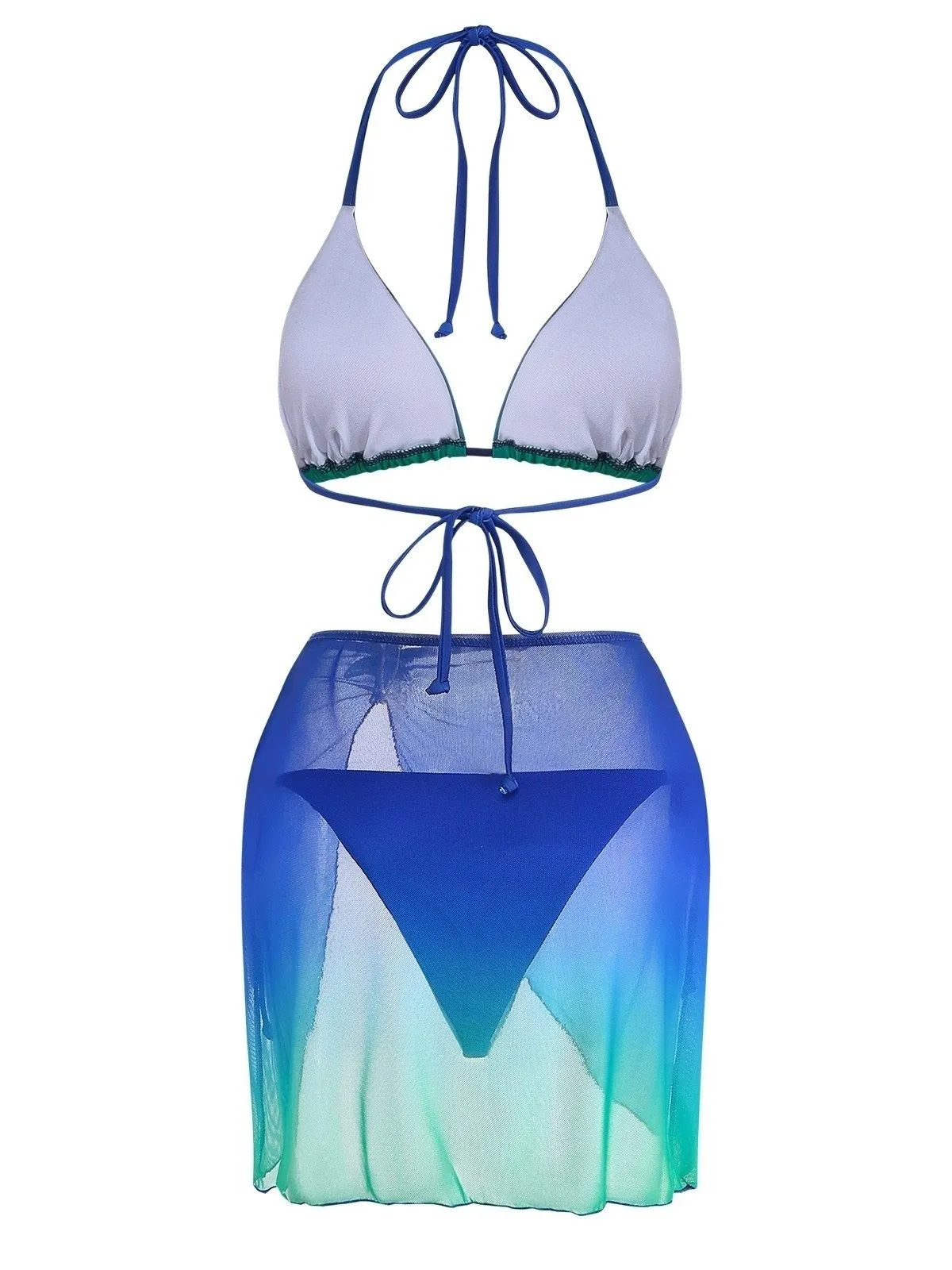 3PCS Dark Blue 2000s Gradient Triangle Bikini Set & Cover-Up sold by Retro Stage product image thumbnail 3