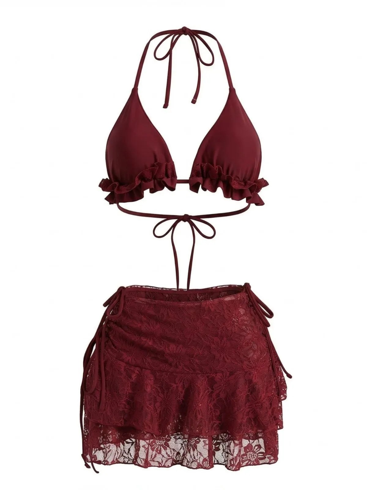 1960s Ruffled Halter Bikini Set & Floral Lace Cover-Up sold by Retro Stage product image thumbnail 2