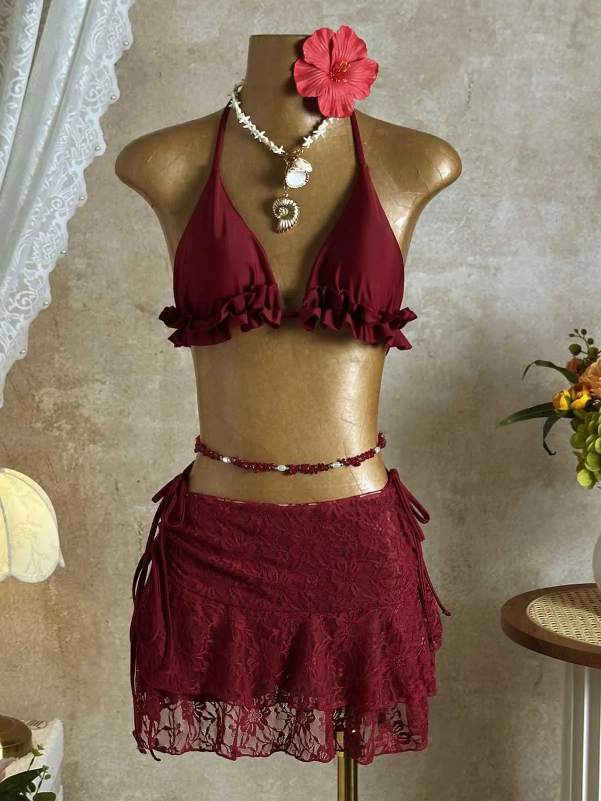 1960s Ruffled Halter Bikini Set & Floral Lace Cover-Up sold by Retro Stage product image thumbnail 3