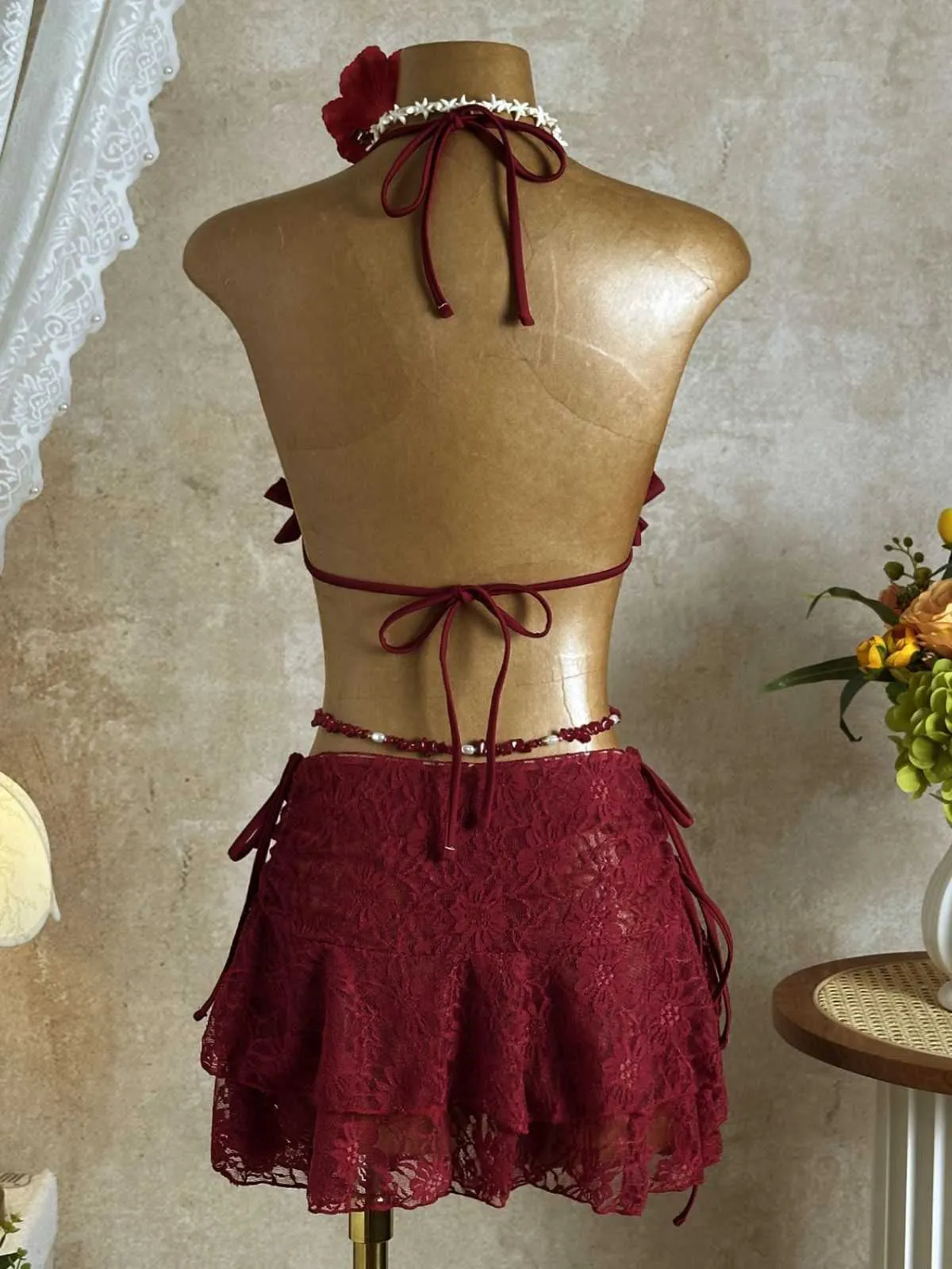 1960s Ruffled Halter Bikini Set & Floral Lace Cover-Up sold by Retro Stage product image thumbnail 4