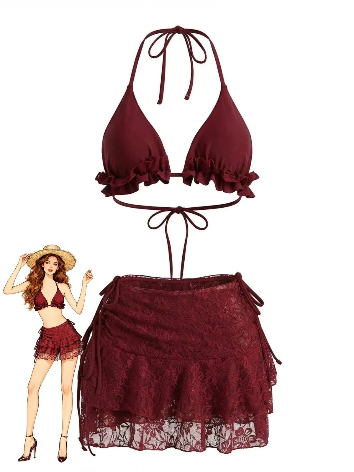 1960s Ruffled Halter Bikini Set & Floral Lace Cover-Up sold by Retro Stage