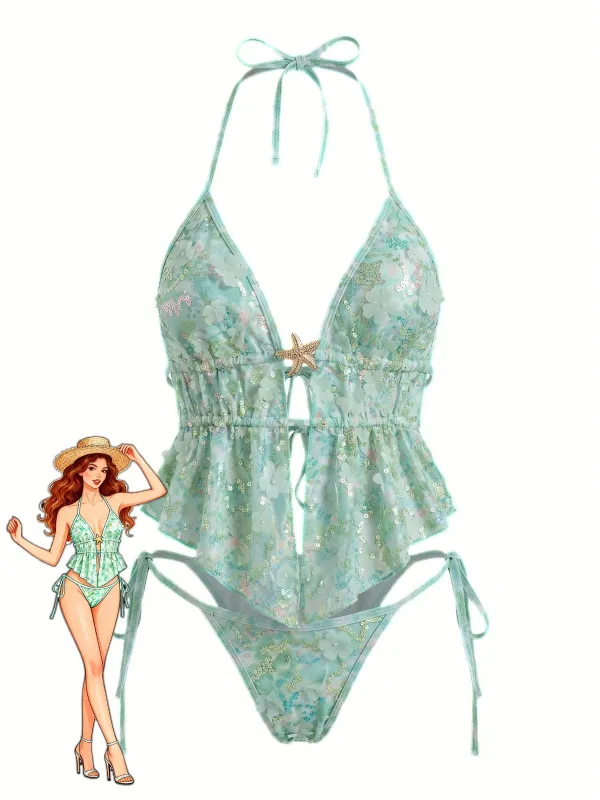 Turquoise 1960s Floral Sequin Halter Tie Bikini Set made by Retro Stage