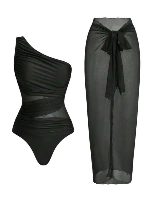 1950s One-Shoulder Ruched Tummy Control One-Piece Swimsuit & Cover-Up made by Retro Stage