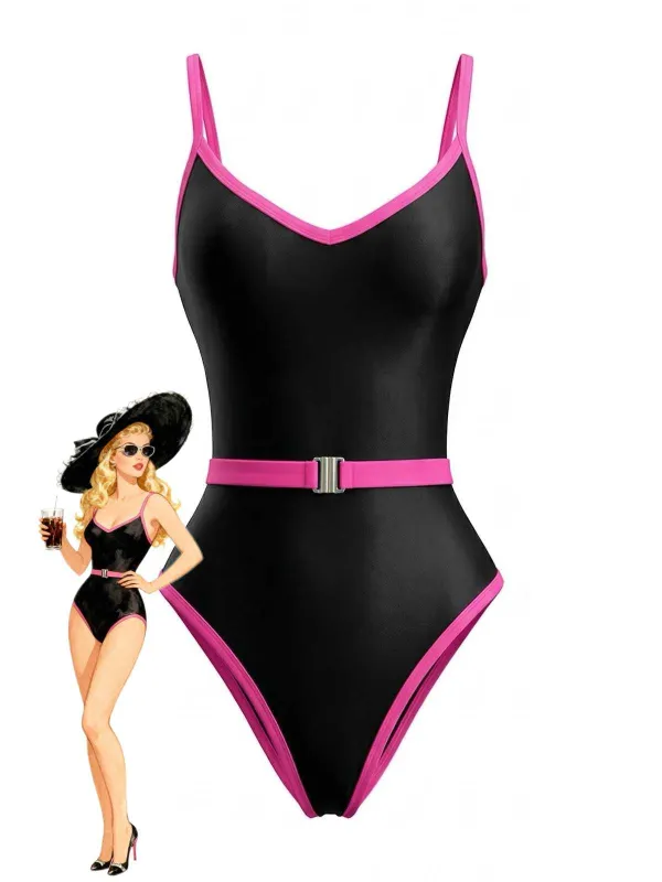 1980s Contrast Belted One-Piece Swimsuit made by Retro Stage