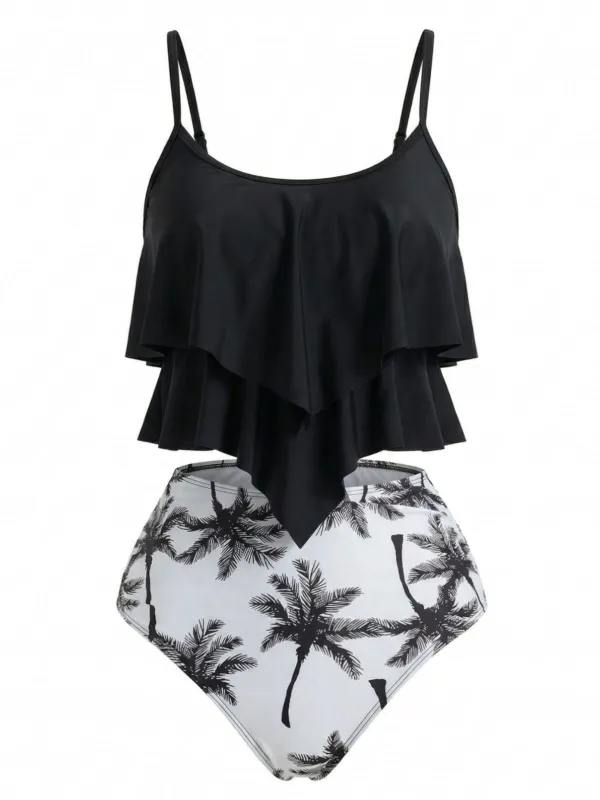 Black 1950s Ruffled Coconut Tree Tankini Set made by Retro Stage