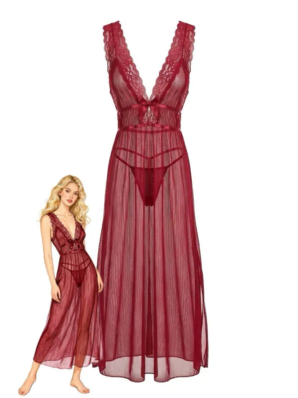 2PCS Deep Red 1980s Lace Color Block Knit Nightgown made by Retro Stage