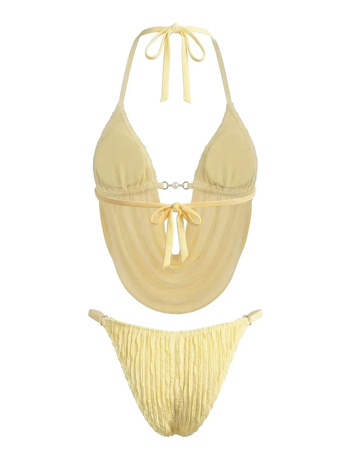 Light Yellow 1980s Sheer Halter Ruched Bikini Set sold by Retro Stage product image thumbnail 3