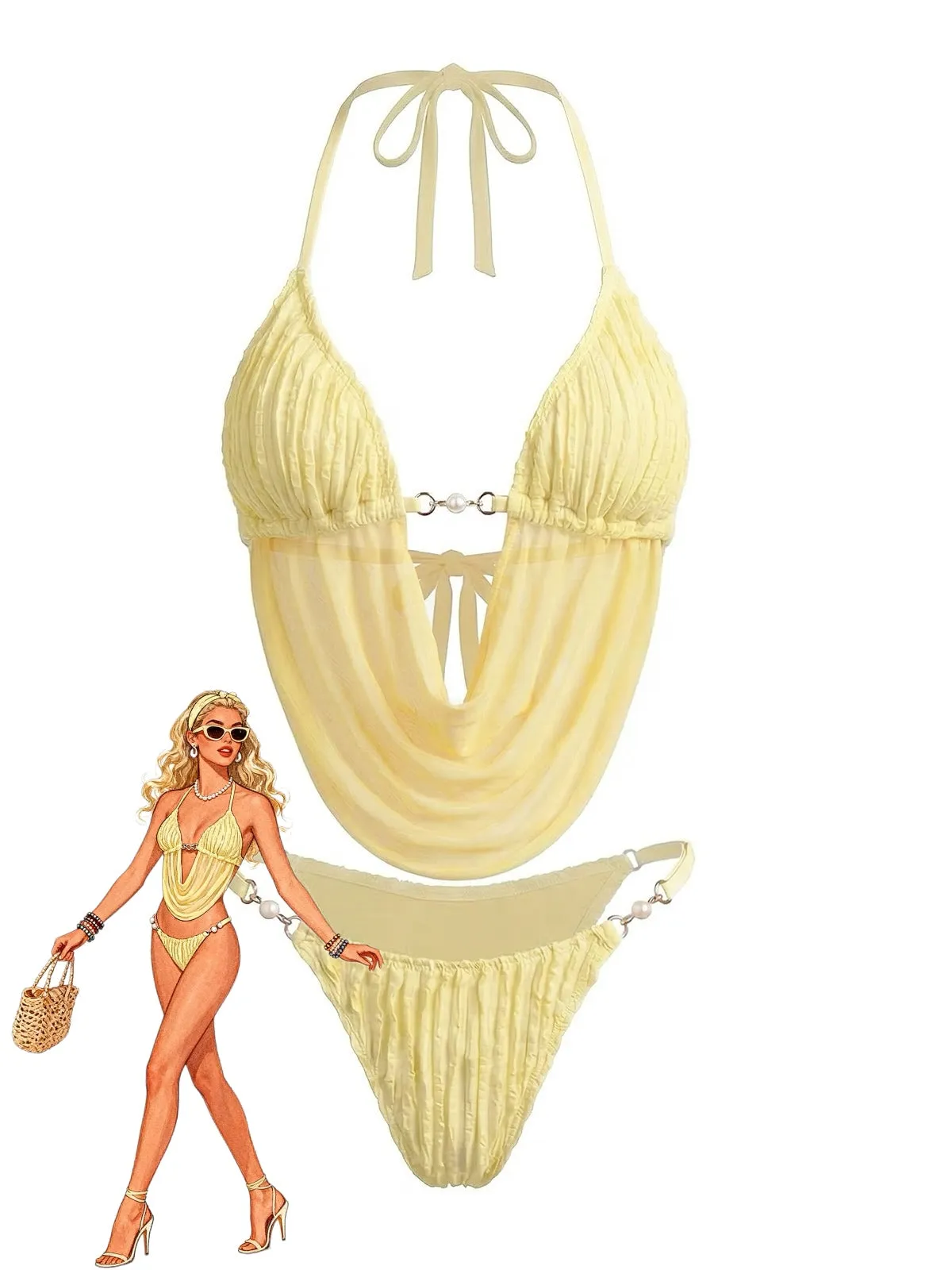 Light Yellow 1980s Sheer Halter Ruched Bikini Set sold by Retro Stage