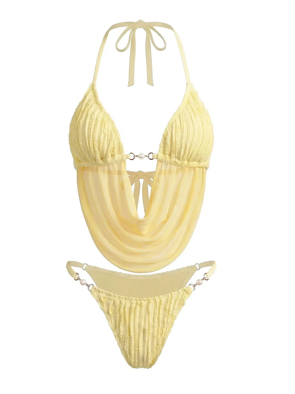 Light Yellow 1980s Sheer Halter Ruched Bikini Set sold by Retro Stage product image thumbnail 2