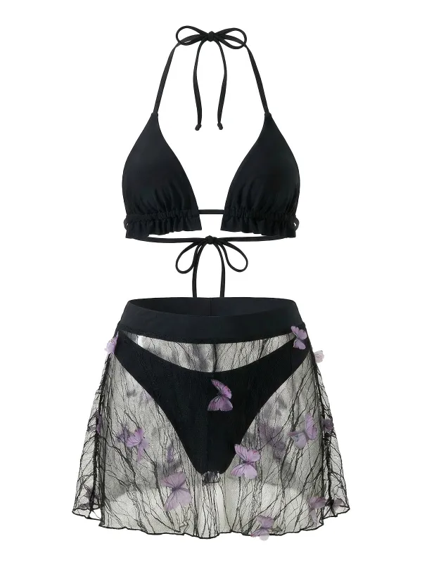 3PCS Black 1980s Butterfly Mesh Bikini Set & Cover-Up made by Retro Stage