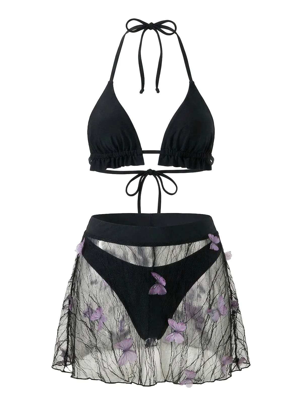 3PCS Black 1980s Butterfly Mesh Bikini Set & Cover-Up sold by Retro Stage