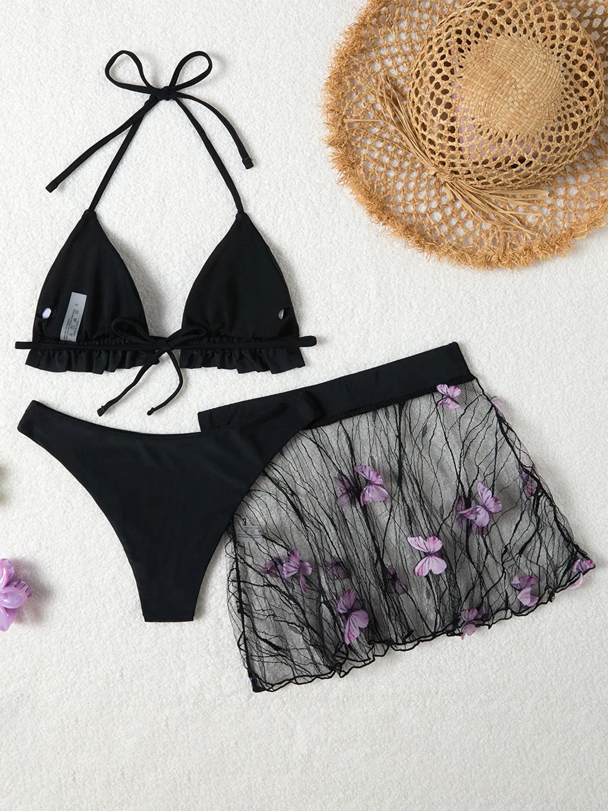 3PCS Black 1980s Butterfly Mesh Bikini Set & Cover-Up sold by Retro Stage product image thumbnail 4