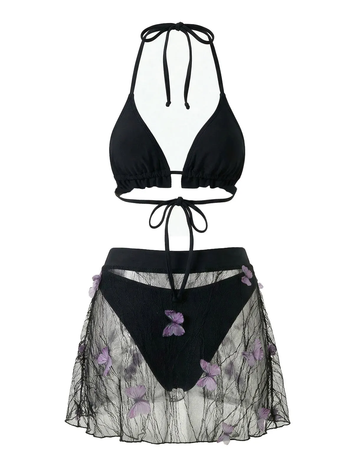 3PCS Black 1980s Butterfly Mesh Bikini Set & Cover-Up sold by Retro Stage product image thumbnail 3