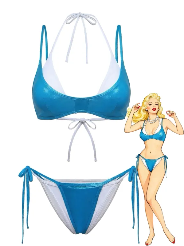 4PCS Teal & White 1950s Triangle String Bikini Set made by Retro Stage