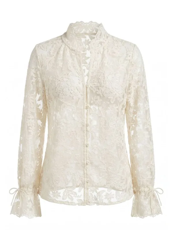 Beige 1960s Lace Cutout Shirt Blouse made by Retro Stage