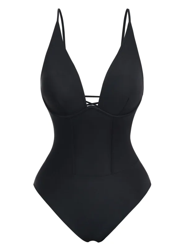 Black 1950s Solid Deep V Tummy Control One-Piece Swimsuit made by Retro Stage