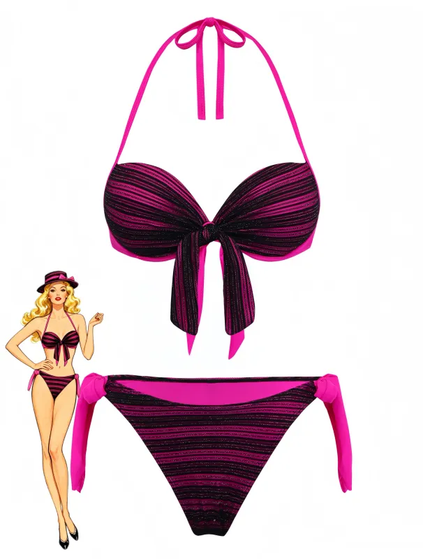 Purple 1960s Halter Striped Bow-Tie Bikini Set made by Retro Stage