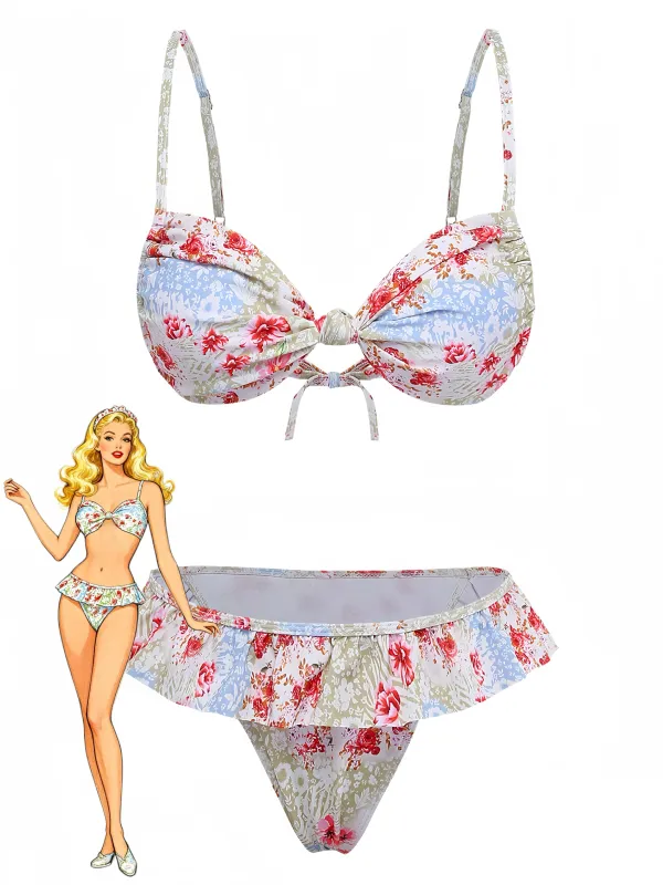 Green 1950s Floral Ruffle Bikini Set made by Retro Stage