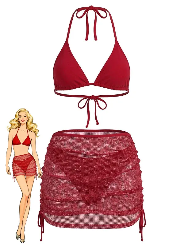 1940s Solid Halter Bikini Set & Crochet Cover-Up made by Retro Stage