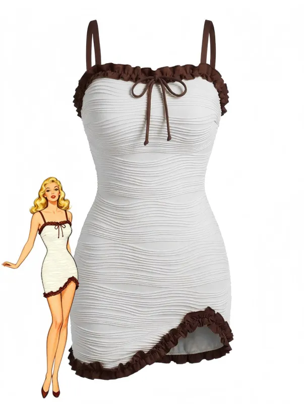 2PCS White 1960s Ruffle Tie Front Textured Bodycon Swimsuit made by Retro Stage