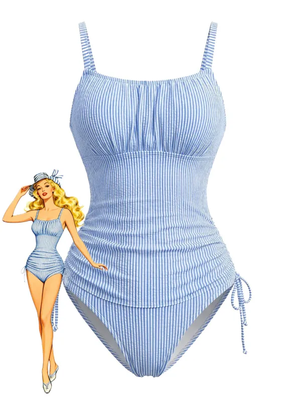 Blue 1950s Pinstripe Ruched Drawstring Tankini Set made by Retro Stage