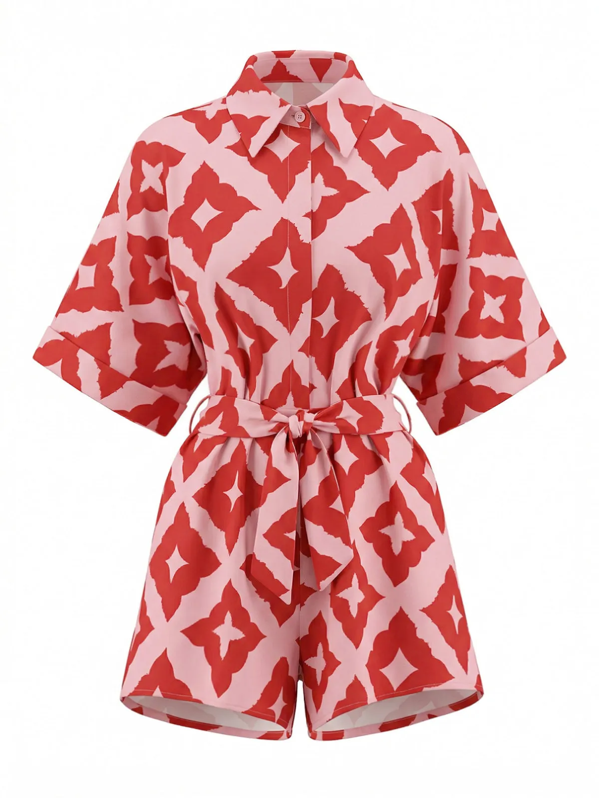 Red 1940s Geometric Floral Tie-Waist Romper sold by Retro Stage product image thumbnail 2