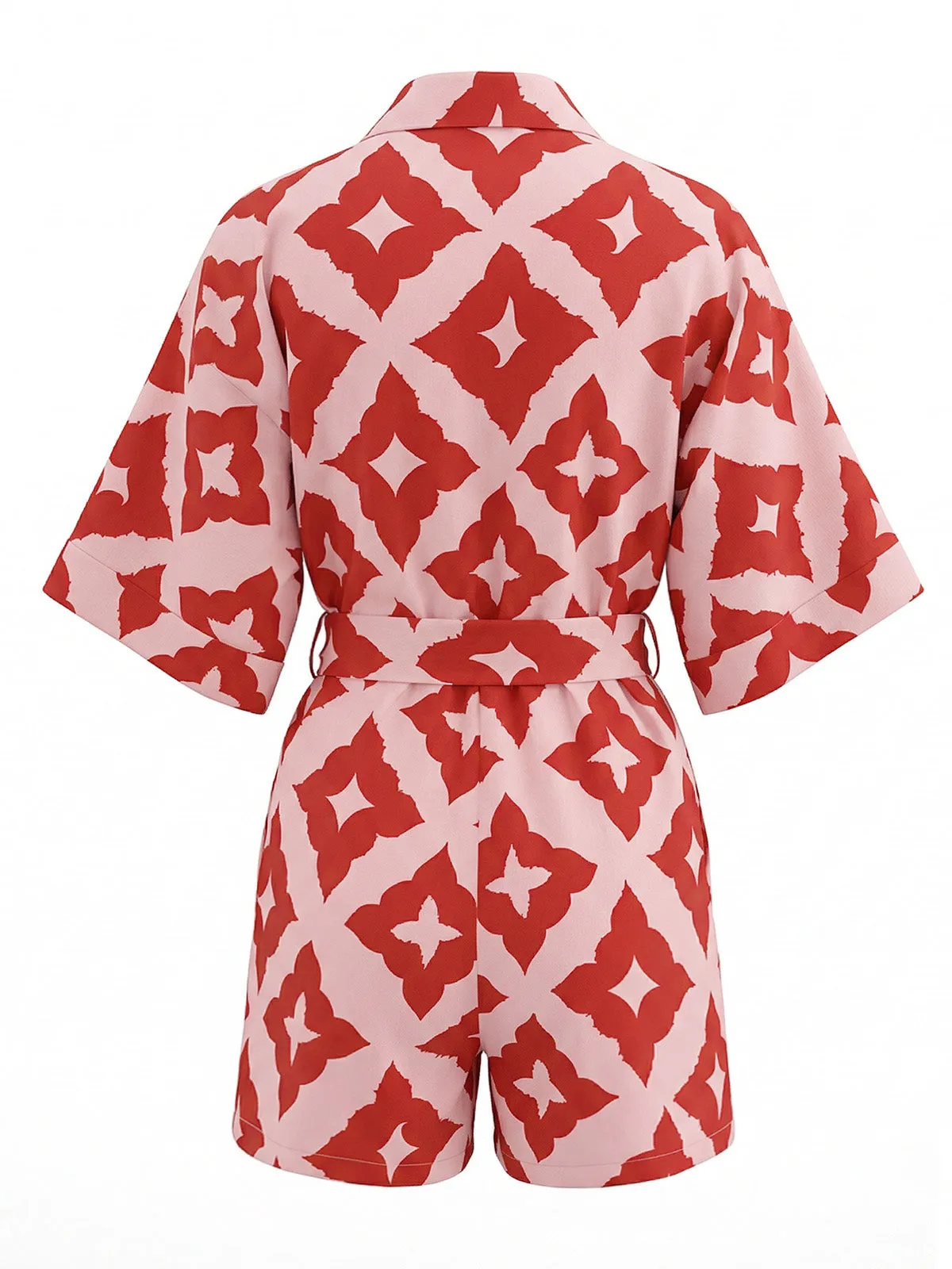 Red 1940s Geometric Floral Tie-Waist Romper sold by Retro Stage product image thumbnail 3