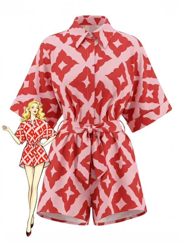 Red 1940s Geometric Floral Tie-Waist Romper made by Retro Stage