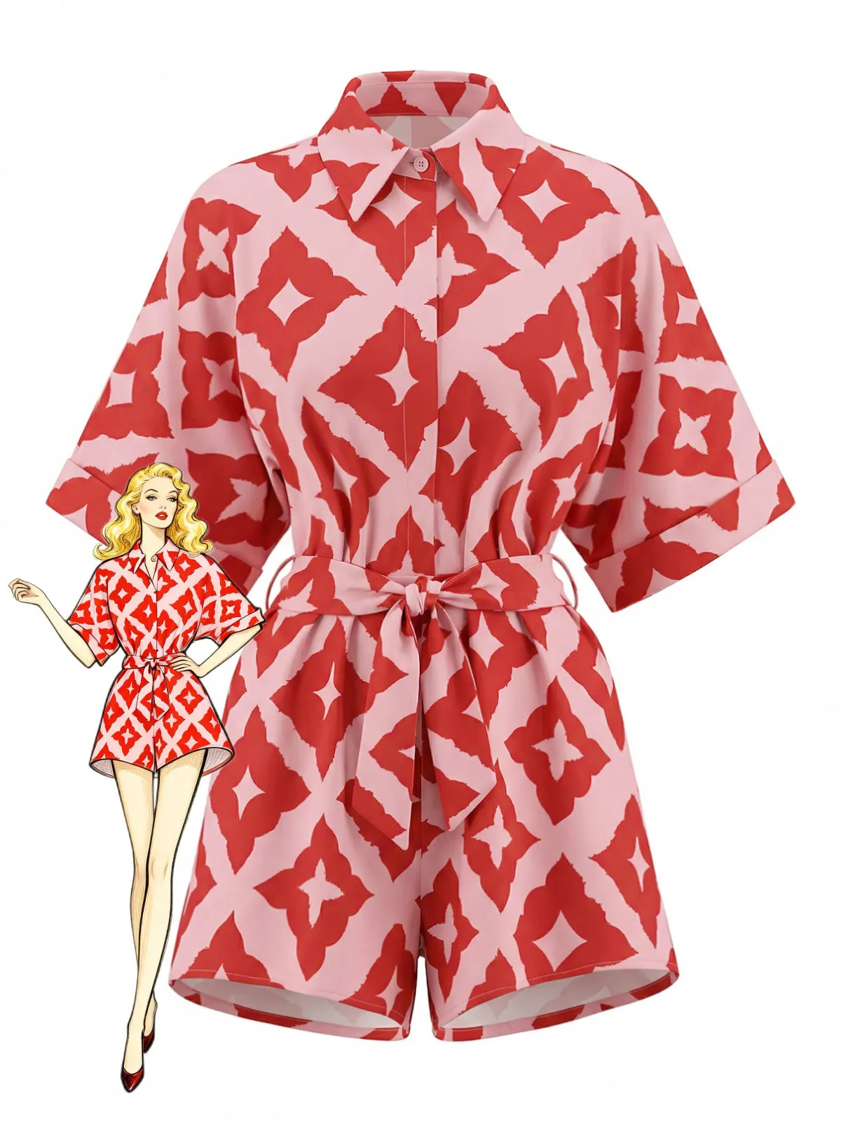 Red 1940s Geometric Floral Tie-Waist Romper sold by Retro Stage