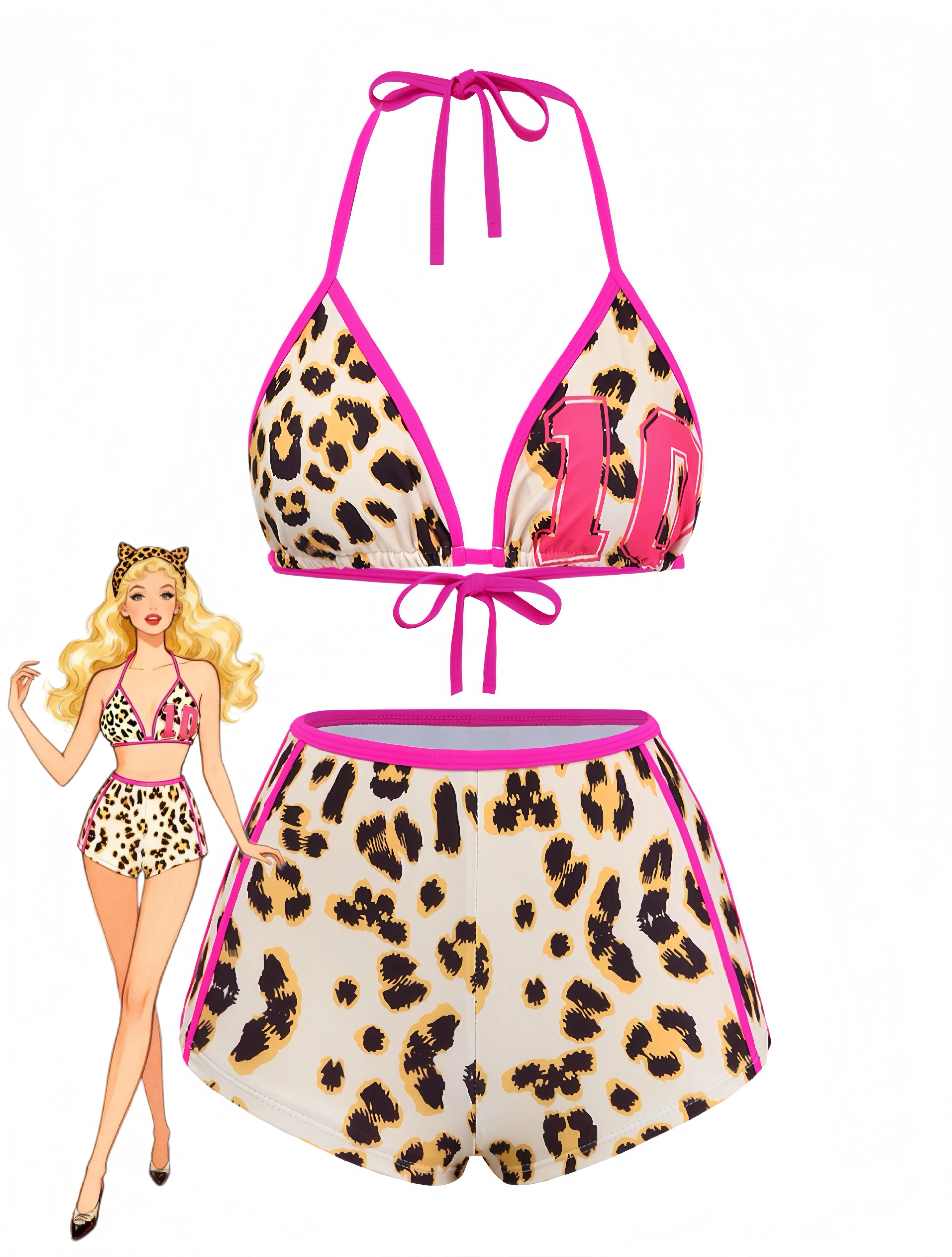 Brown 1950s Leopard Halter Colorblock Tankini Set sold by Retro Stage