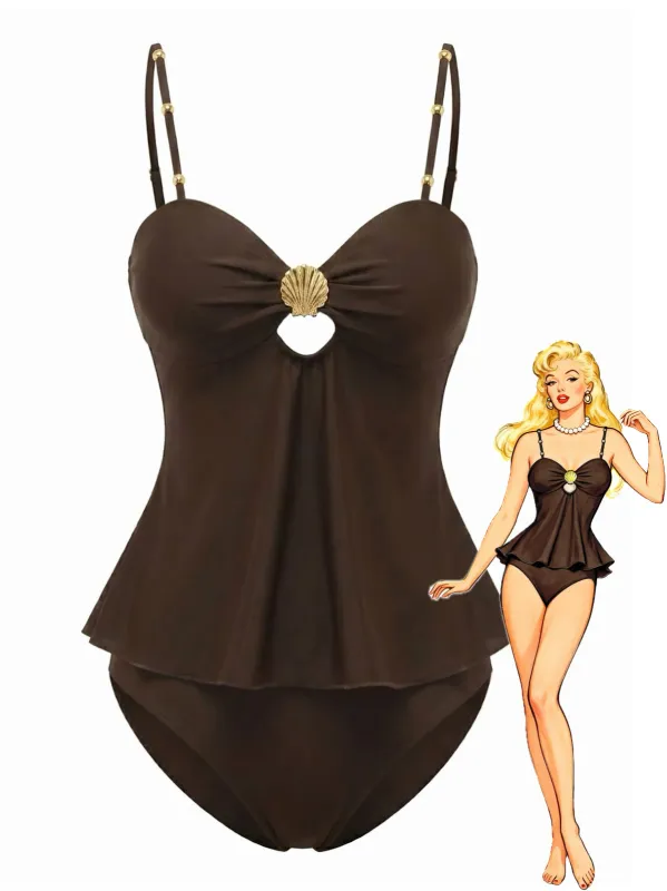 2PCS Dark Brown 1950s Solid Shell Tankini Set made by Retro Stage