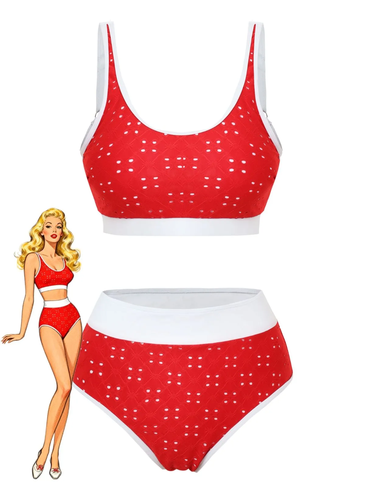1940s Eyelet High Waisted Color Block Tankini Set sold by Retro Stage